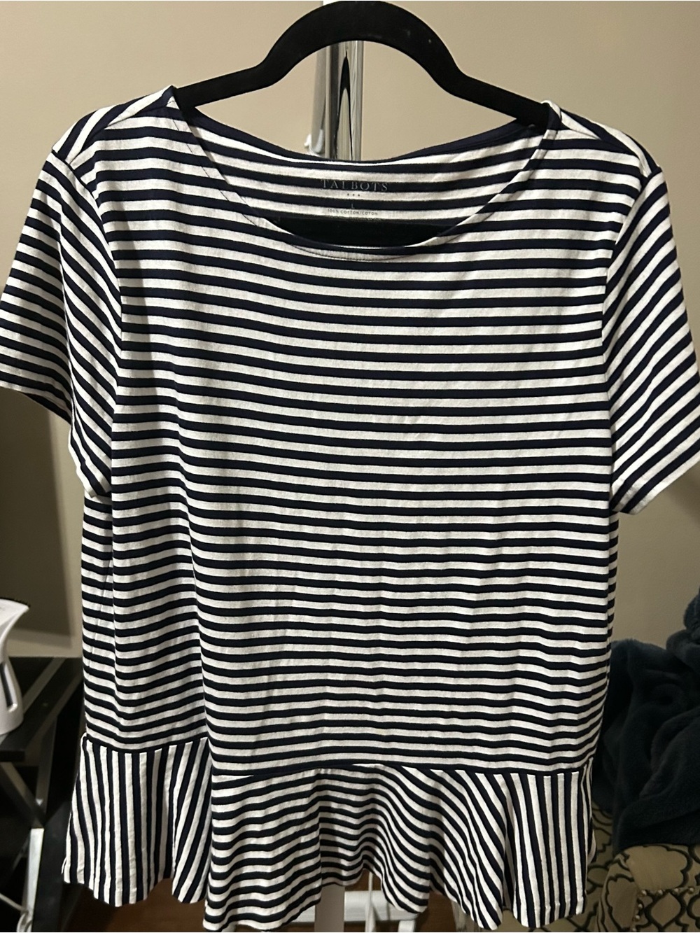 Talbots Navy and White Striped Peplum Short-Sleeve Top
